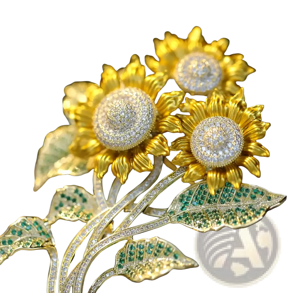 Zircon butterfly brooch featuring a golden sunflower with sparkling diamonds and emerald leaves luxury designer pin