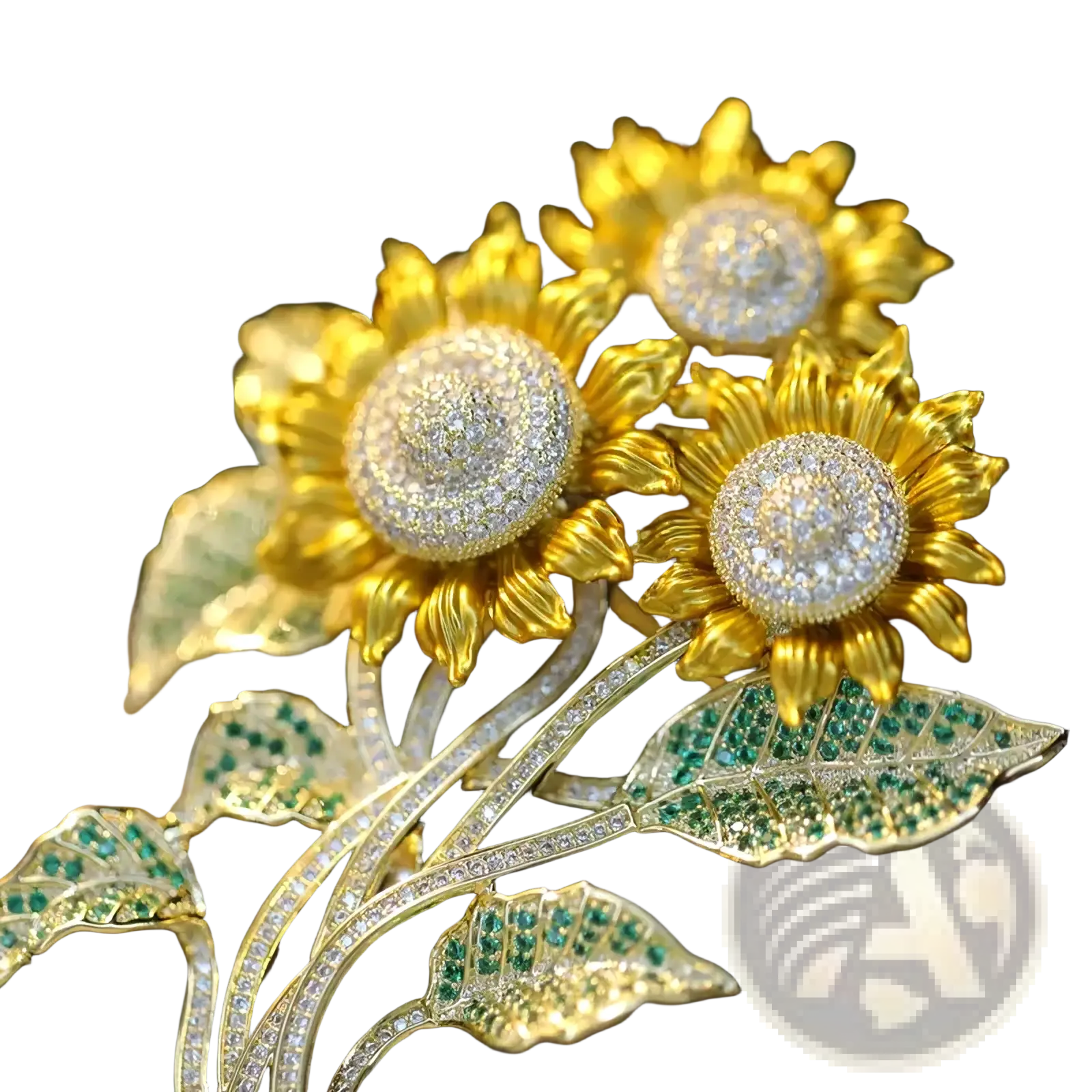 Zircon butterfly brooch featuring a golden sunflower with sparkling diamonds and emerald leaves luxury designer pin