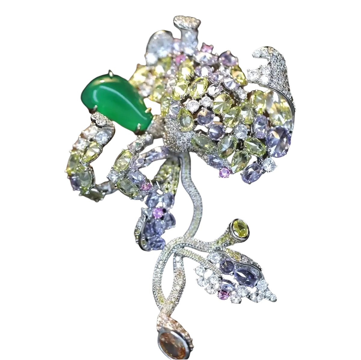 A zircon butterfly brooch featuring a sparkling multi-colored floral design with a green jadeite stone set in silver