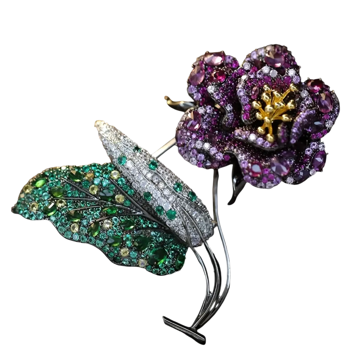 Zircon butterfly brooch luxury designer pin featuring a sparkling purple and green gemstone flower with gold center