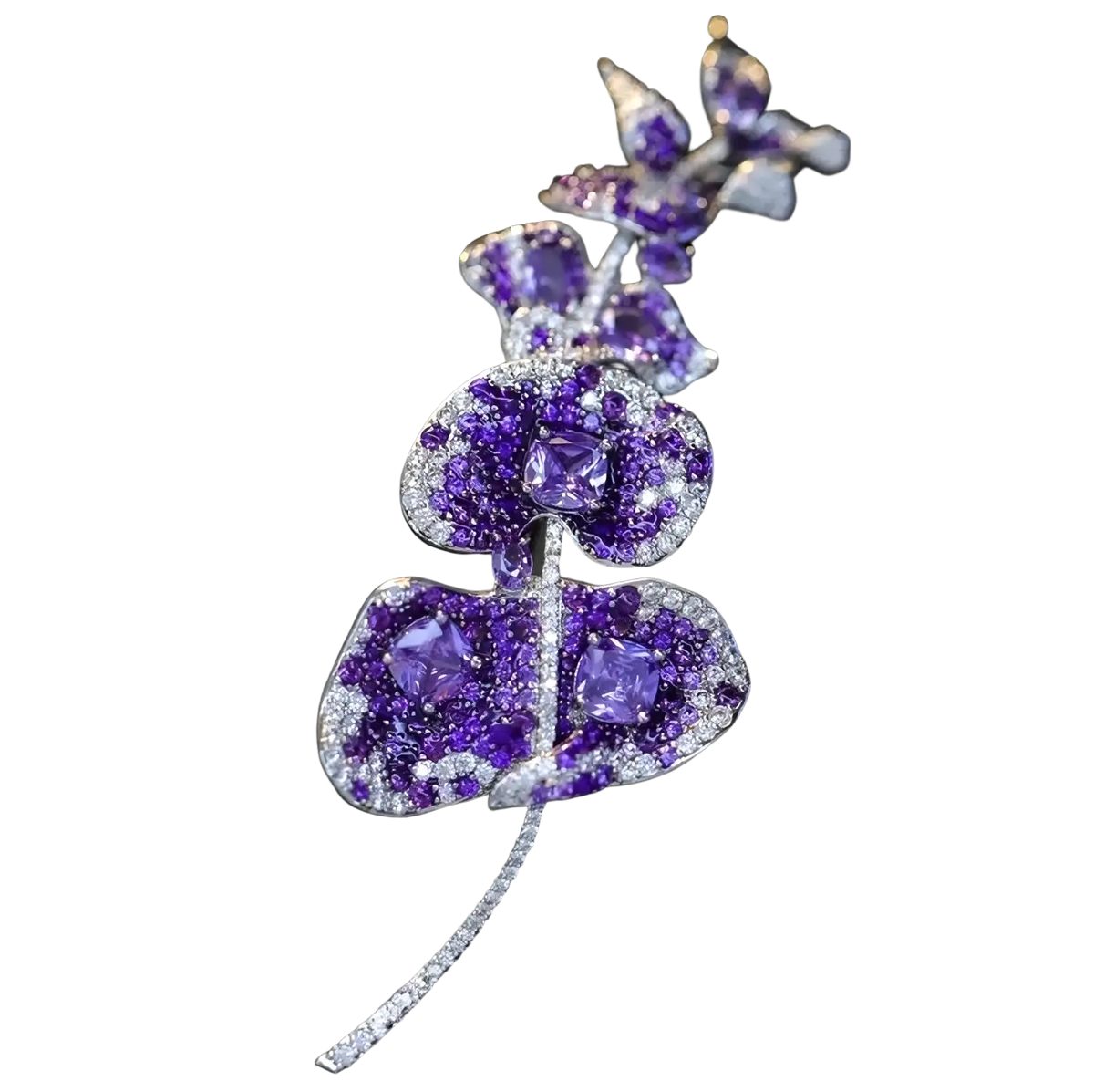 A luxury zircon butterfly brooch featuring a sparkling purple and silver orchid design with faceted gemstones