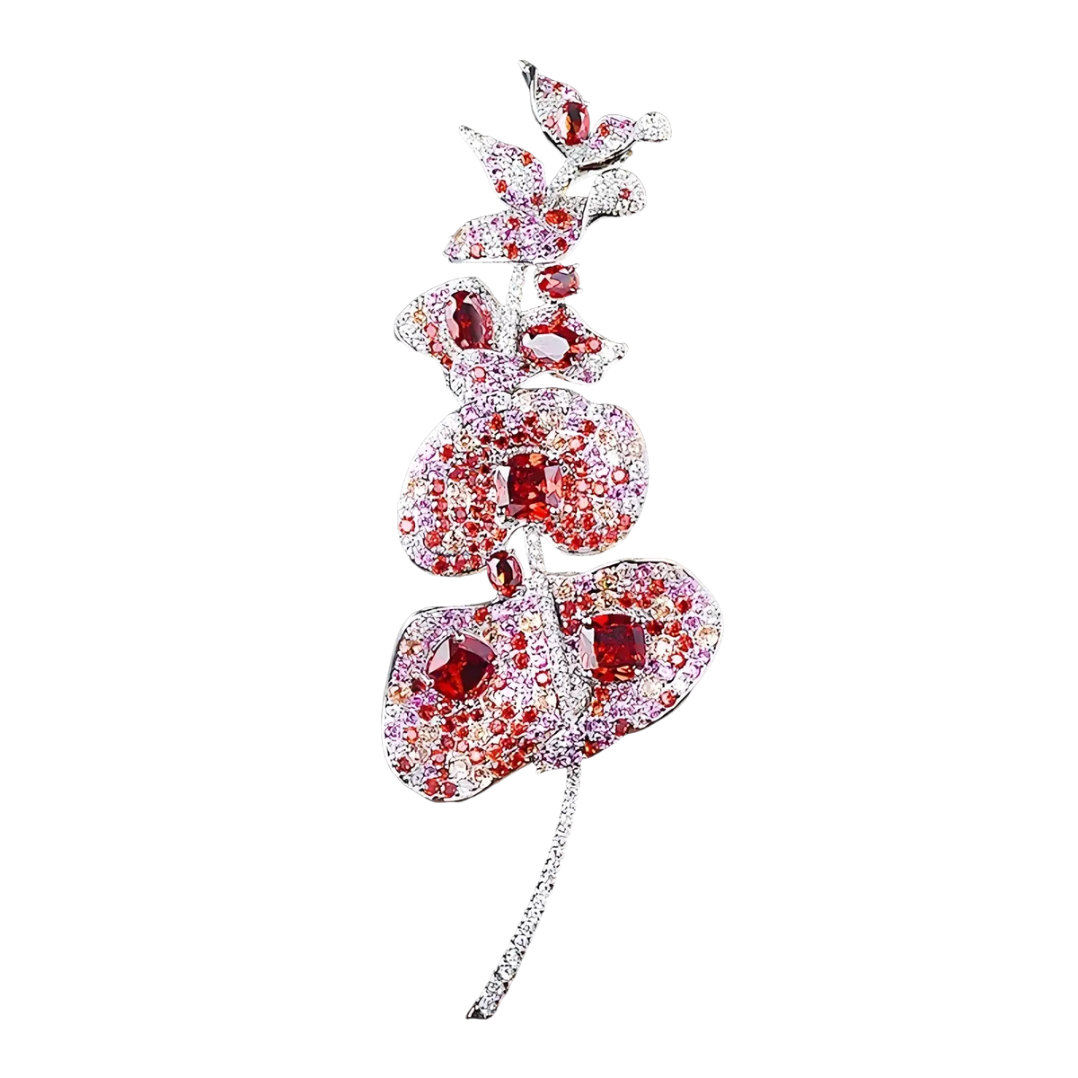 A zircon butterfly brooch with sparkling red and pink gemstone orchid and intricate leaf details luxury designer pin