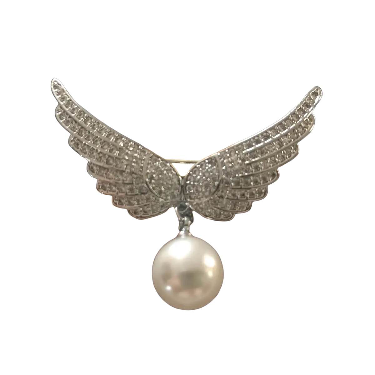 A sparkling silver angel wing brooch with pave-set clear stones and a dangling white pearl luxury designer pin