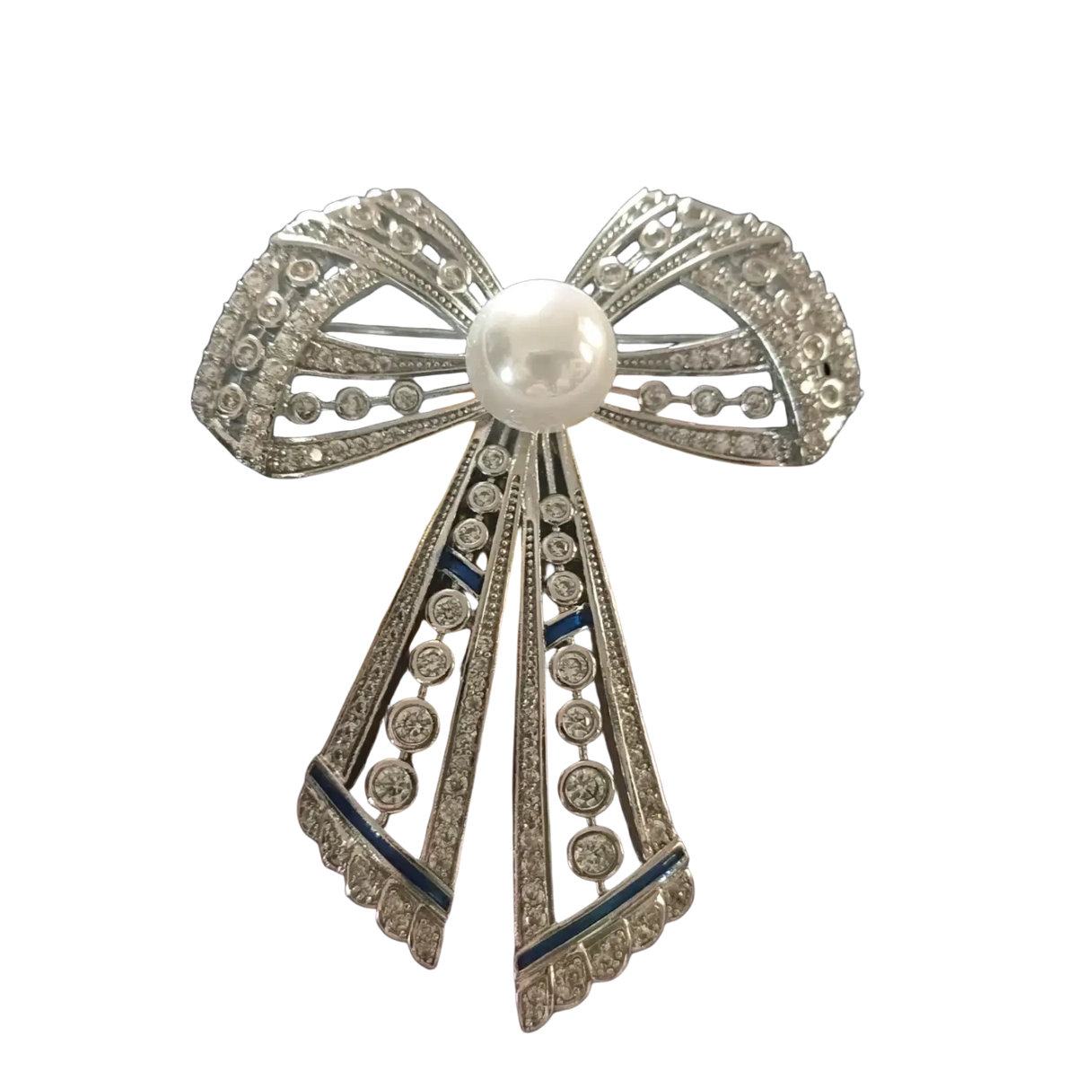 Silver bow-shaped zircon butterfly brooch with diamonds central pearl and blue enamel accents luxury designer pin