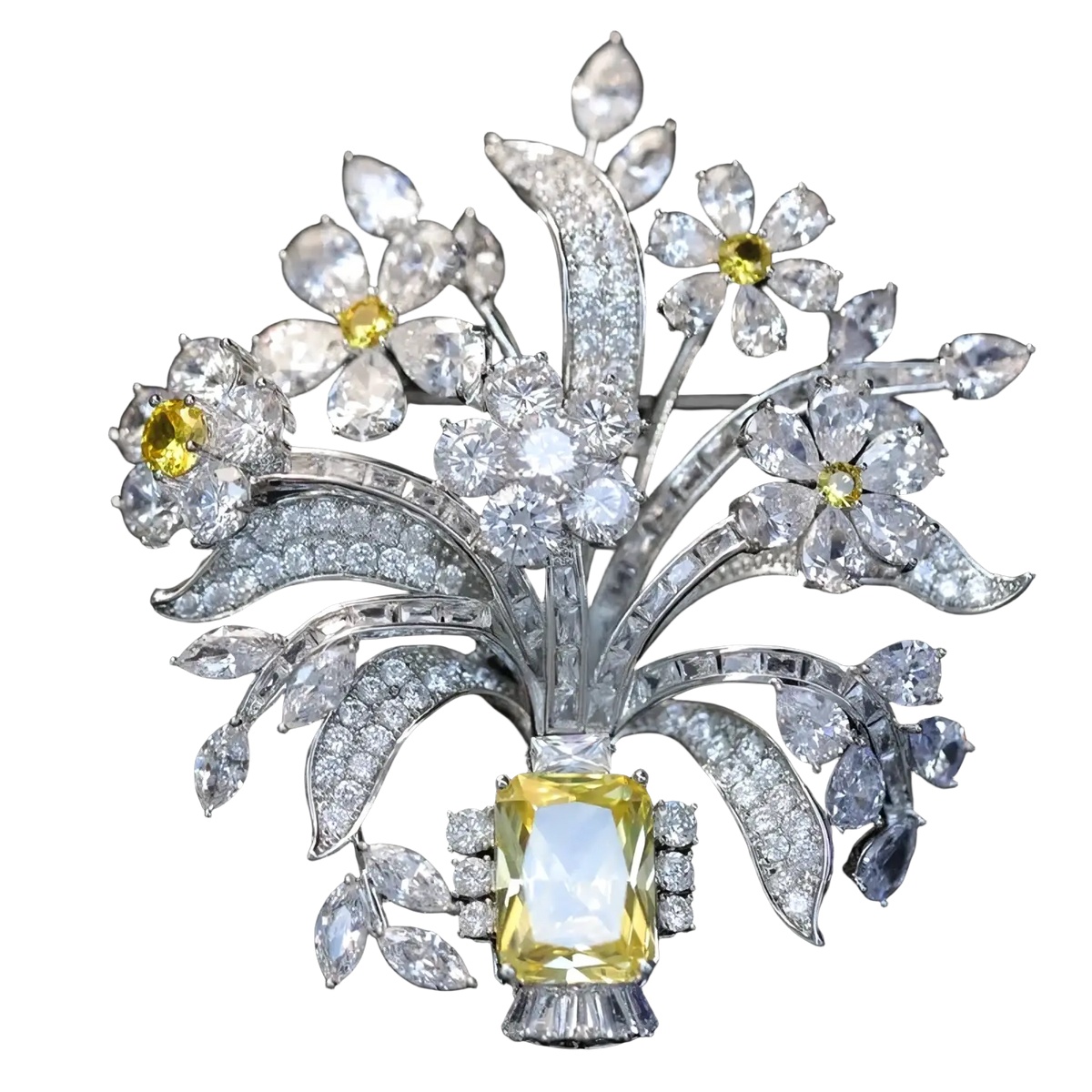 A sparkling silver zircon butterfly brooch with a central yellow gemstone and white crystal floral and leaf design