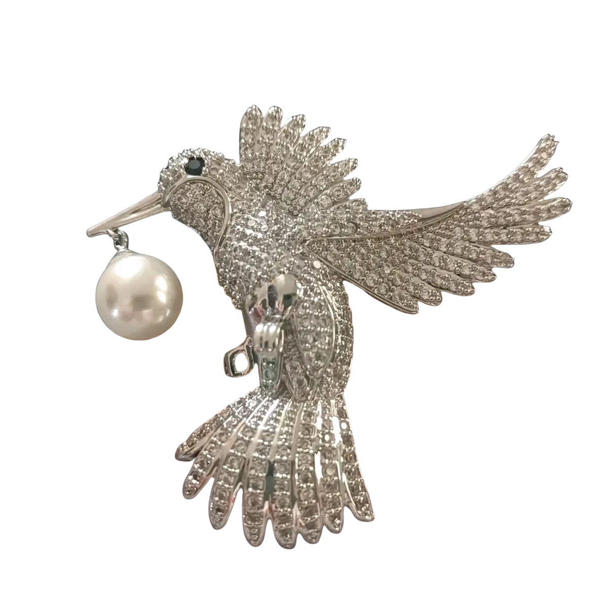A sparkling silver zircon butterfly brooch with clear crystals black eye and a dangling white pearl pin