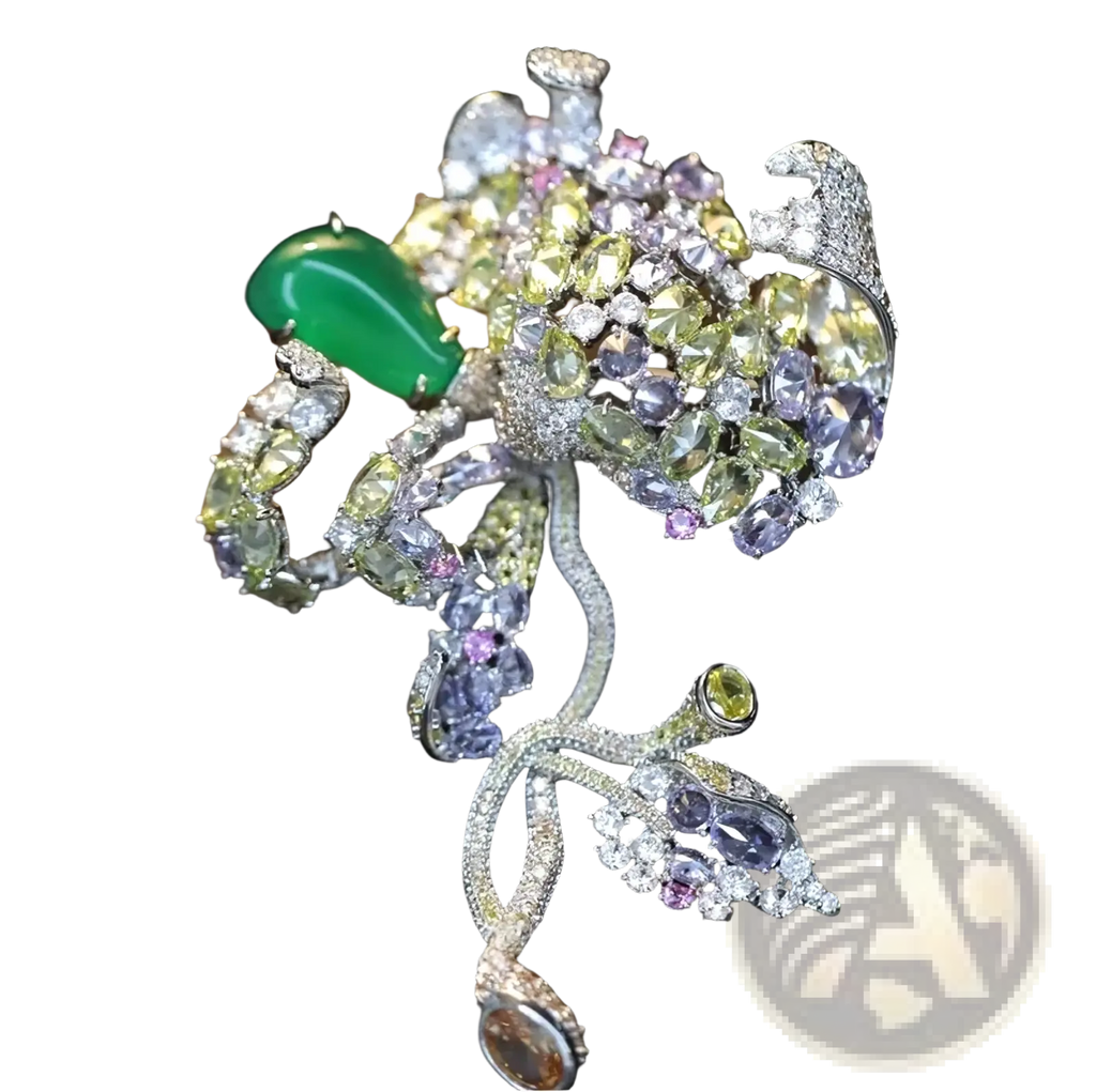 A zircon butterfly brooch featuring a sparkling multi-colored floral design with a green jadeite stone set in silver