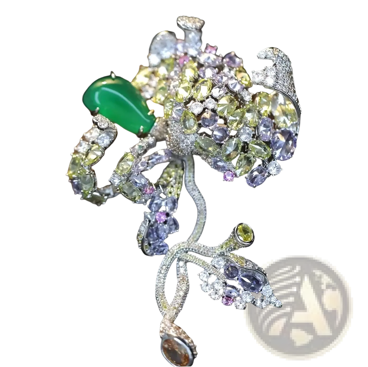 A zircon butterfly brooch featuring a sparkling multi-colored floral design with a green jadeite stone set in silver
