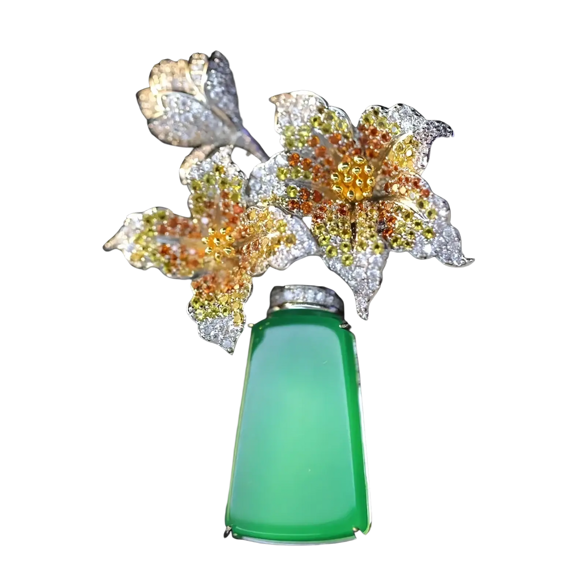 A vibrant green jadeite vase pendant with intricate floral multicolored gemstones and silver-toned metalwork zircon butterfly brooch luxury designer pin