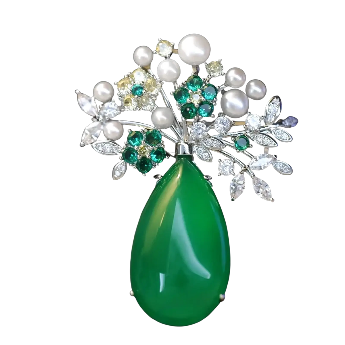 A vibrant green teardrop jade zircon butterfly brooch adorned with pearls emerald gemstones and clear crystals in floral design