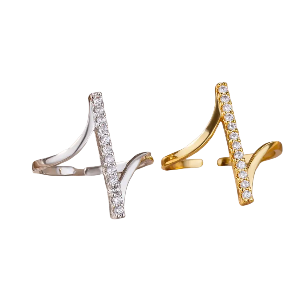 A pair of women gold color stainless steel zircon geometric rings with open-ended sleek v-shaped design and clear stones