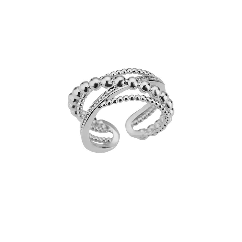 Silver beaded stainless steel ring with delicate multi-layered design and zircon geometric accents for women gold color style