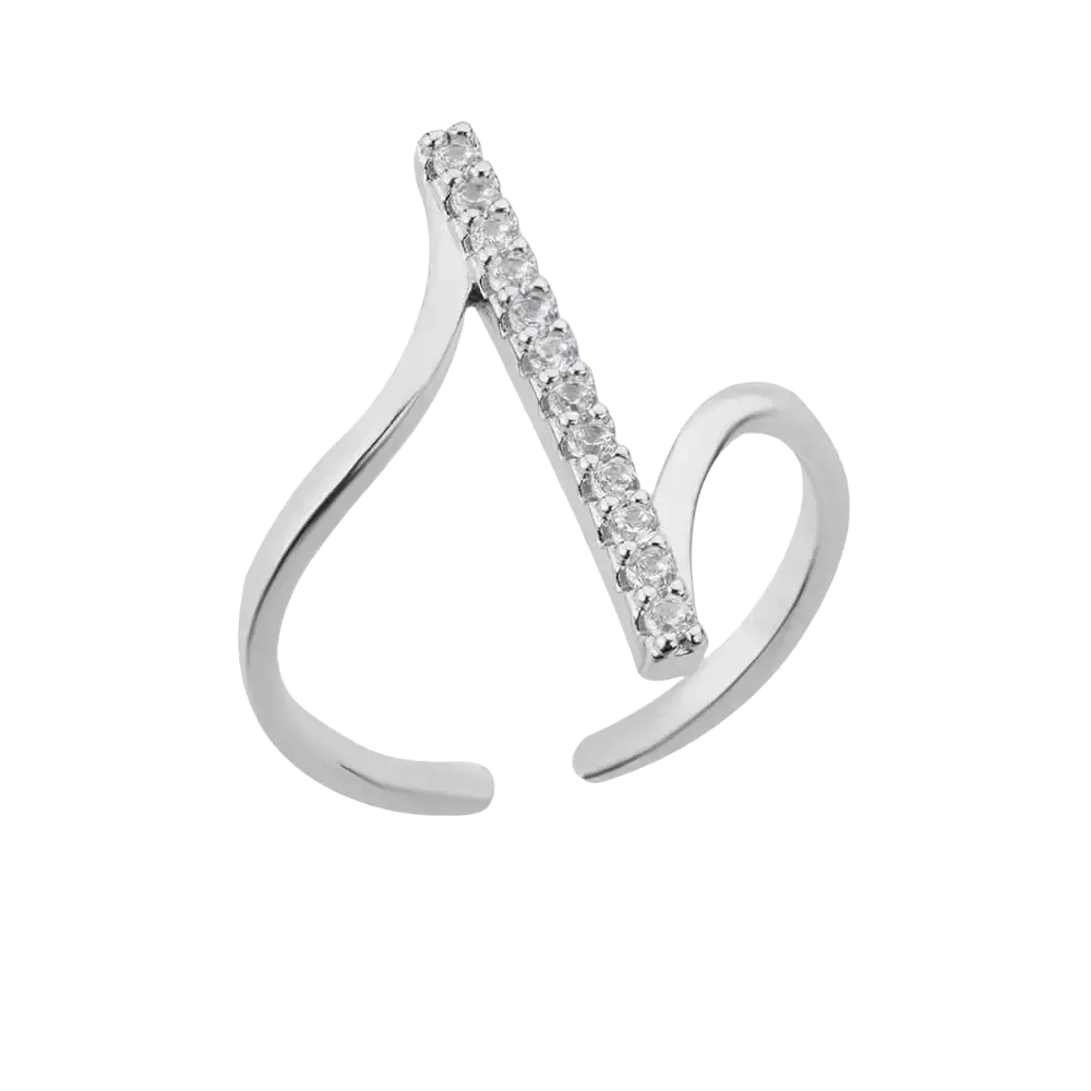Silver open stainless steel ring with curved design and vertical clear zircon stones for women gold color style