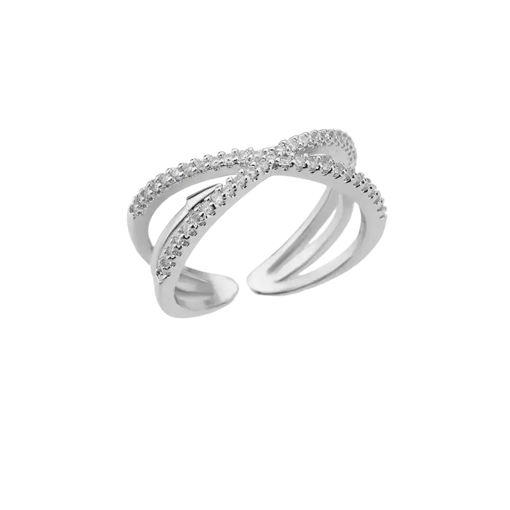 A sleek silver stainless steel open ring with zircon geometric design and small sparkling diamonds for women gold color