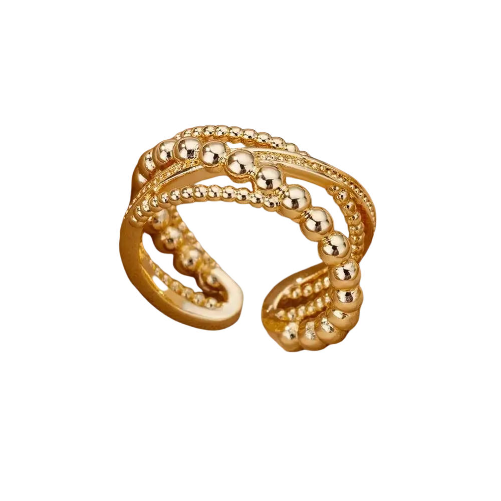 Gold-toned stainless steel zircon geometric ring for women with intricate layered design and polished metallic finish