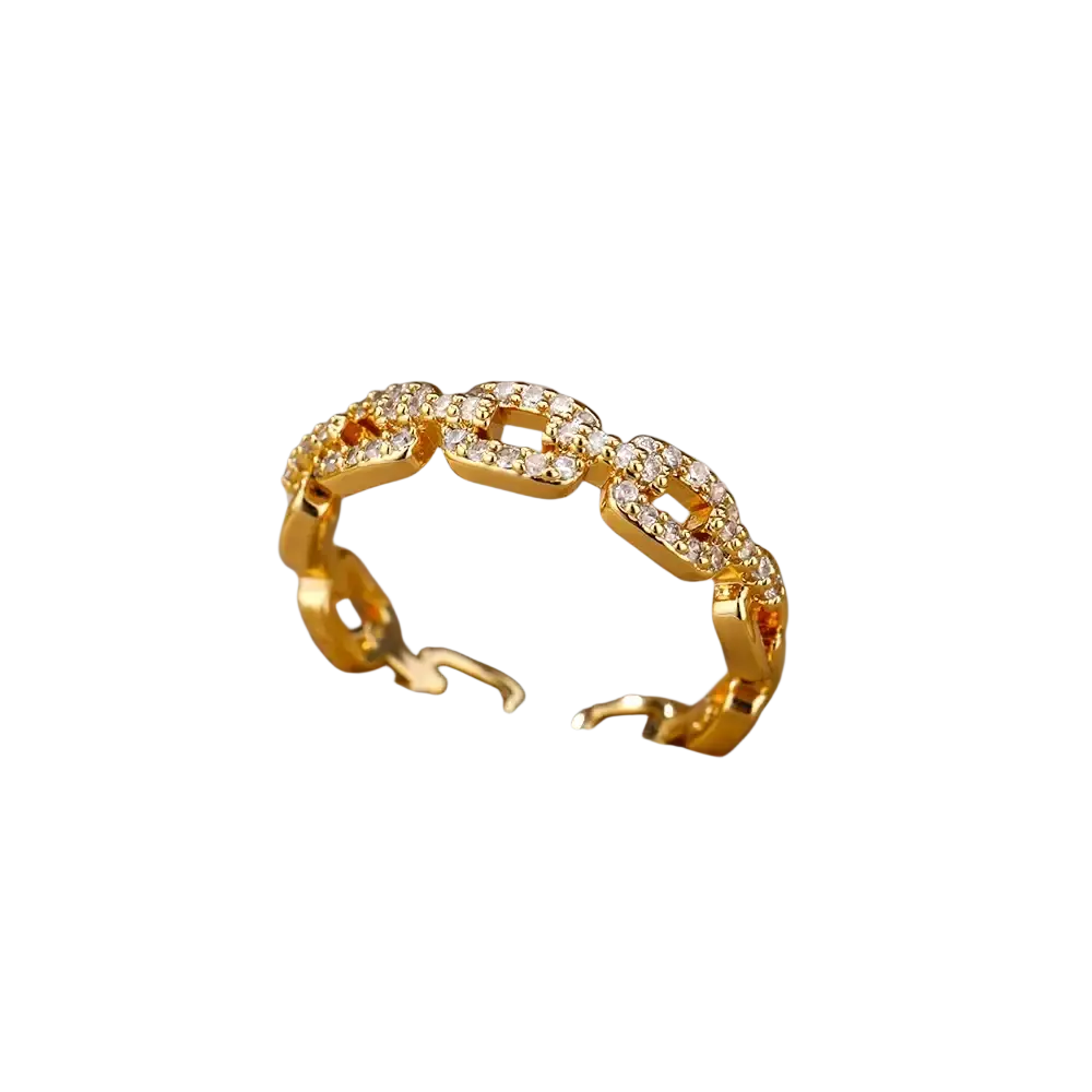 Gold color stainless steel chain-link ring with sparkling clear crystals zircon geometric rings for women