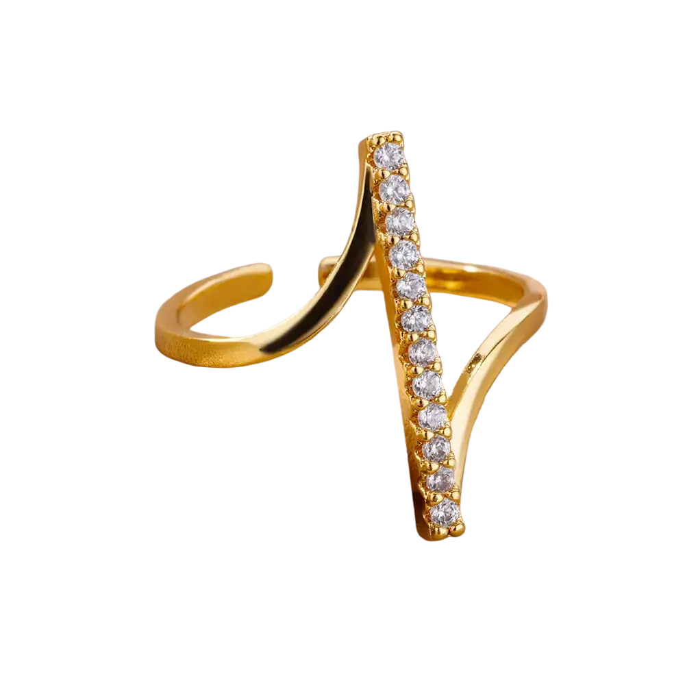 Gold-toned open stainless steel ring for women with zircon geometric design and vertical row of clear crystals