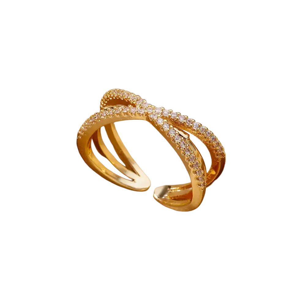 Gold-toned open stainless steel ring for women with cross design and pavé-set clear zircon geometric crystals