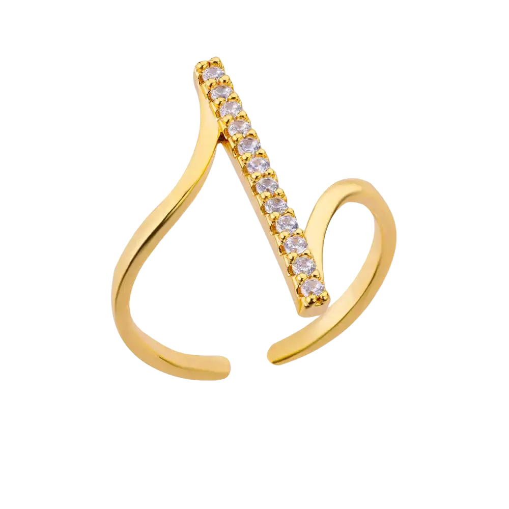 Gold color stainless steel open ring for women with a curved design and vertical row of clear zircon stones