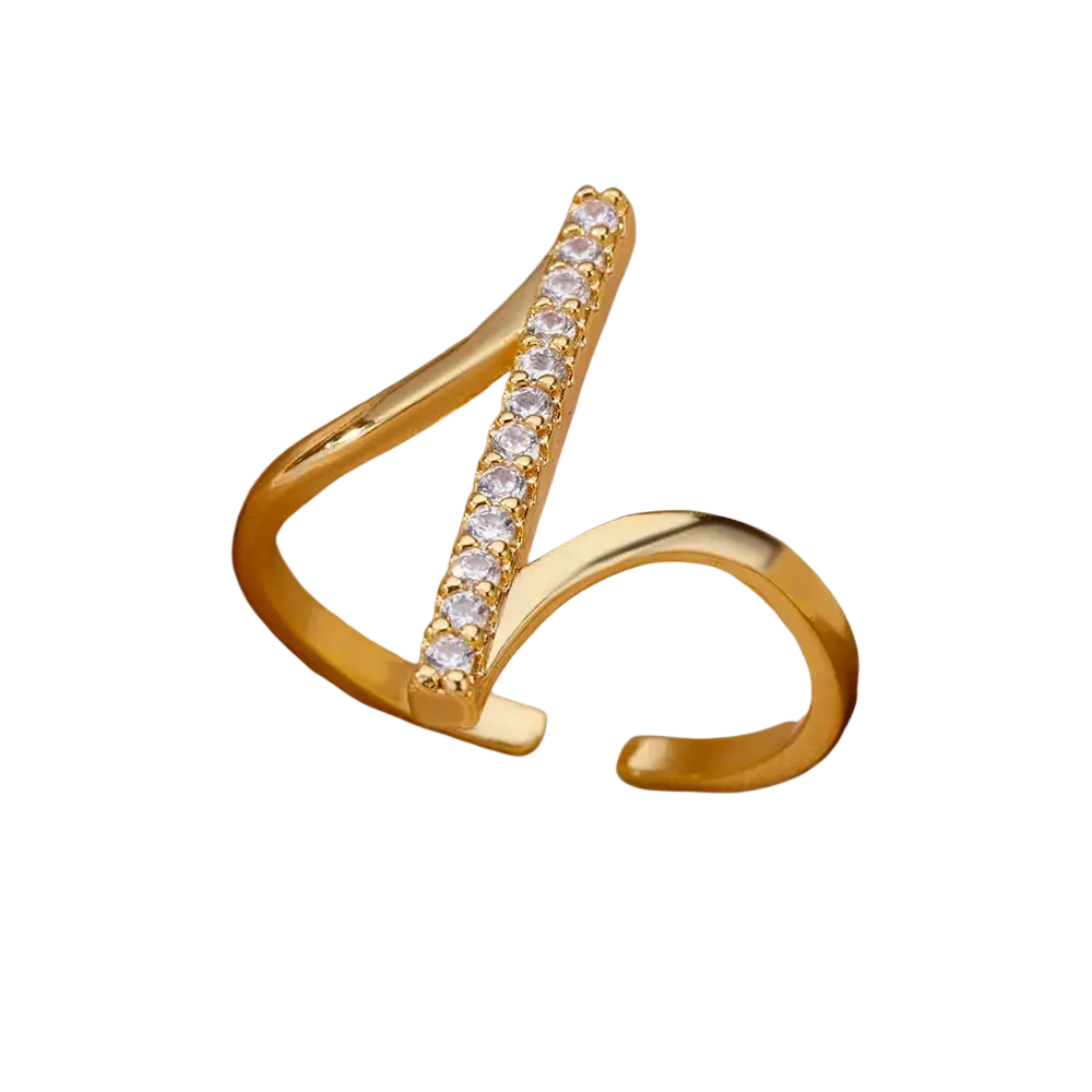 Gold color stainless steel zircon geometric ring for women featuring an open band with a bar of clear sparkling stones