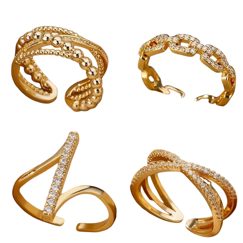 Gold color stainless steel zircon geometric ring for women with intricate open design and clear crystal accents