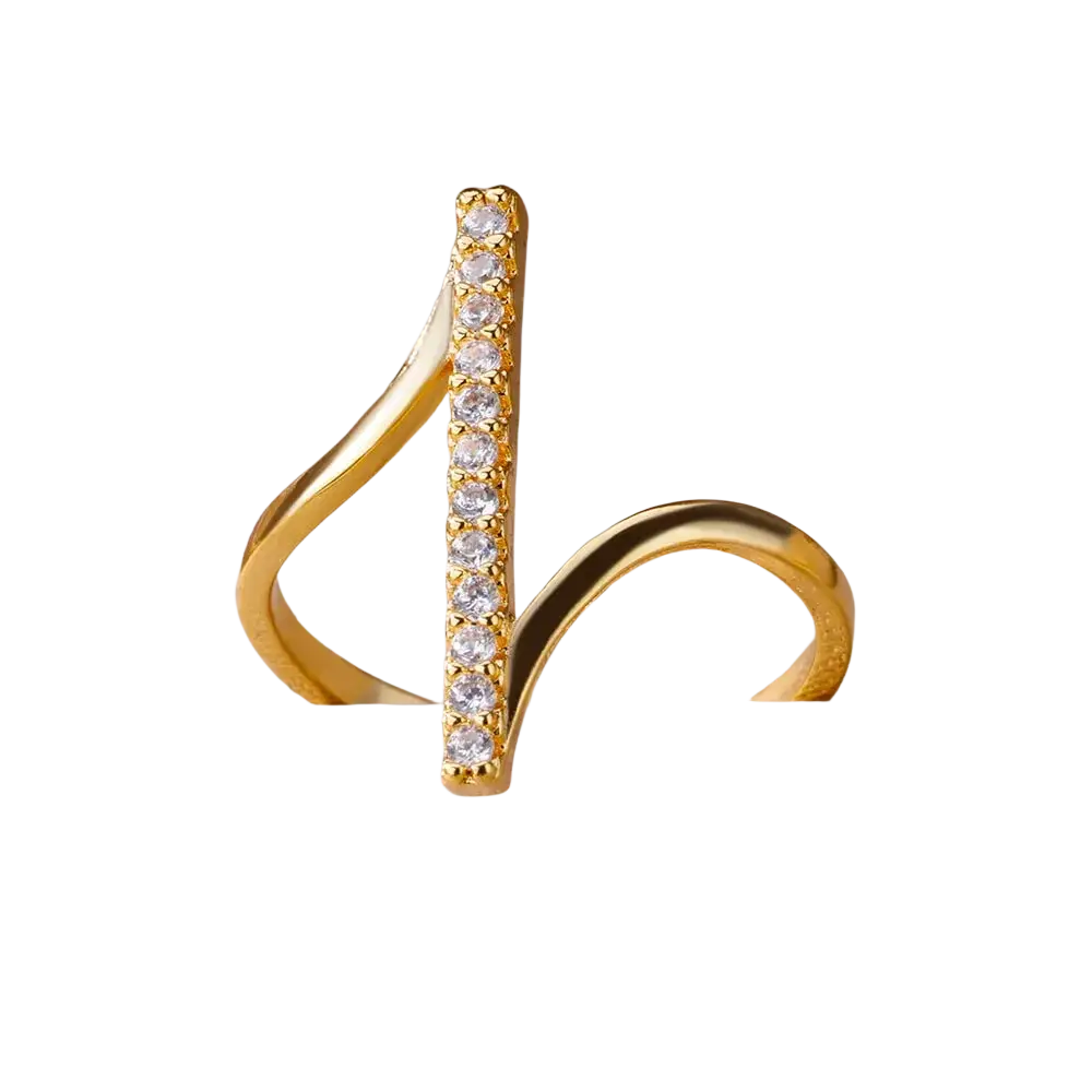 Gold color stainless steel zircon geometric ring for women with a sleek design and clear crystal vertical bar