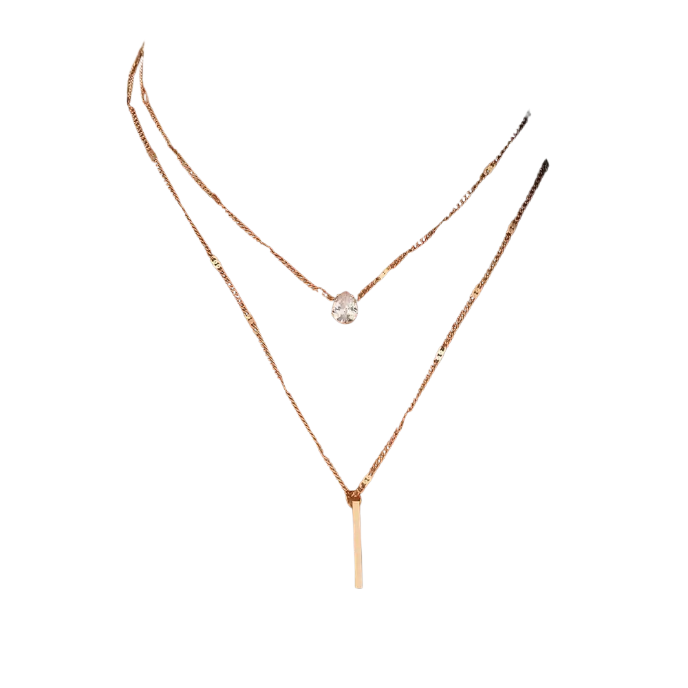 A delicate rose gold zircon layered pendant necklace for women with a teardrop gemstone and vertical bar charm