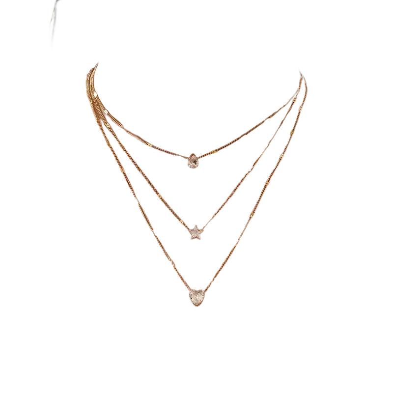 A delicate rose gold zircon layered pendant necklace for women with three chains featuring teardrop star and heart pendants