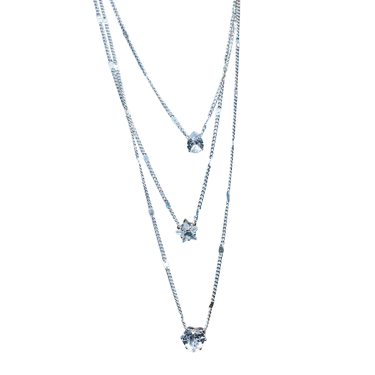 Zircon layered silver necklace for women with three chains featuring star and heart crystal pendants