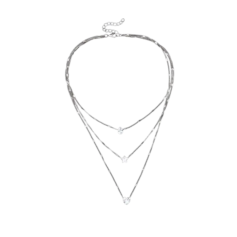 Silver zircon layered pendant necklace for women with three delicate chains featuring teardrop star and heart pendants