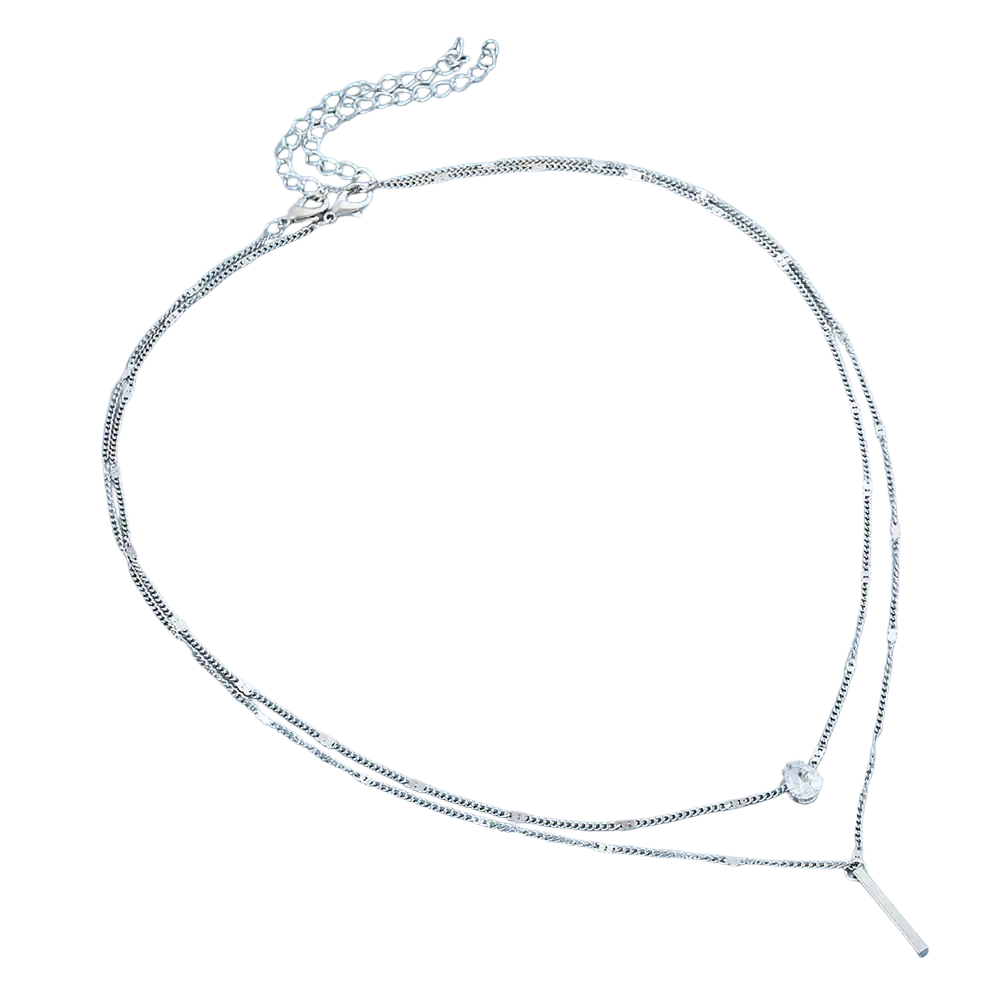 Silver zircon layered pendant necklace for women with delicate chain links teardrop crystal and minimalist bar charm
