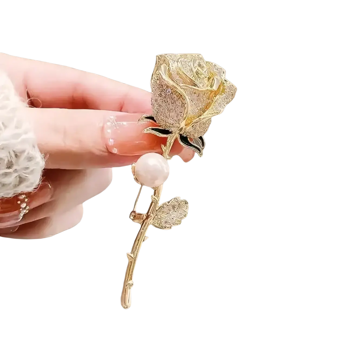 A delicate gold zircon rose brooch with sparkling crystals and a pearl accent flower pin accessory