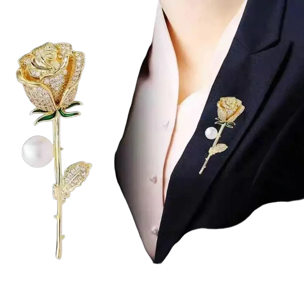 Golden zircon rose brooch adorned with sparkling crystals and a pearl accent in a gold crystal flower pin design