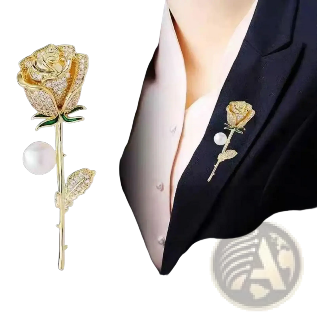 Golden zircon rose brooch adorned with sparkling crystals and a pearl accent in a gold crystal flower pin design