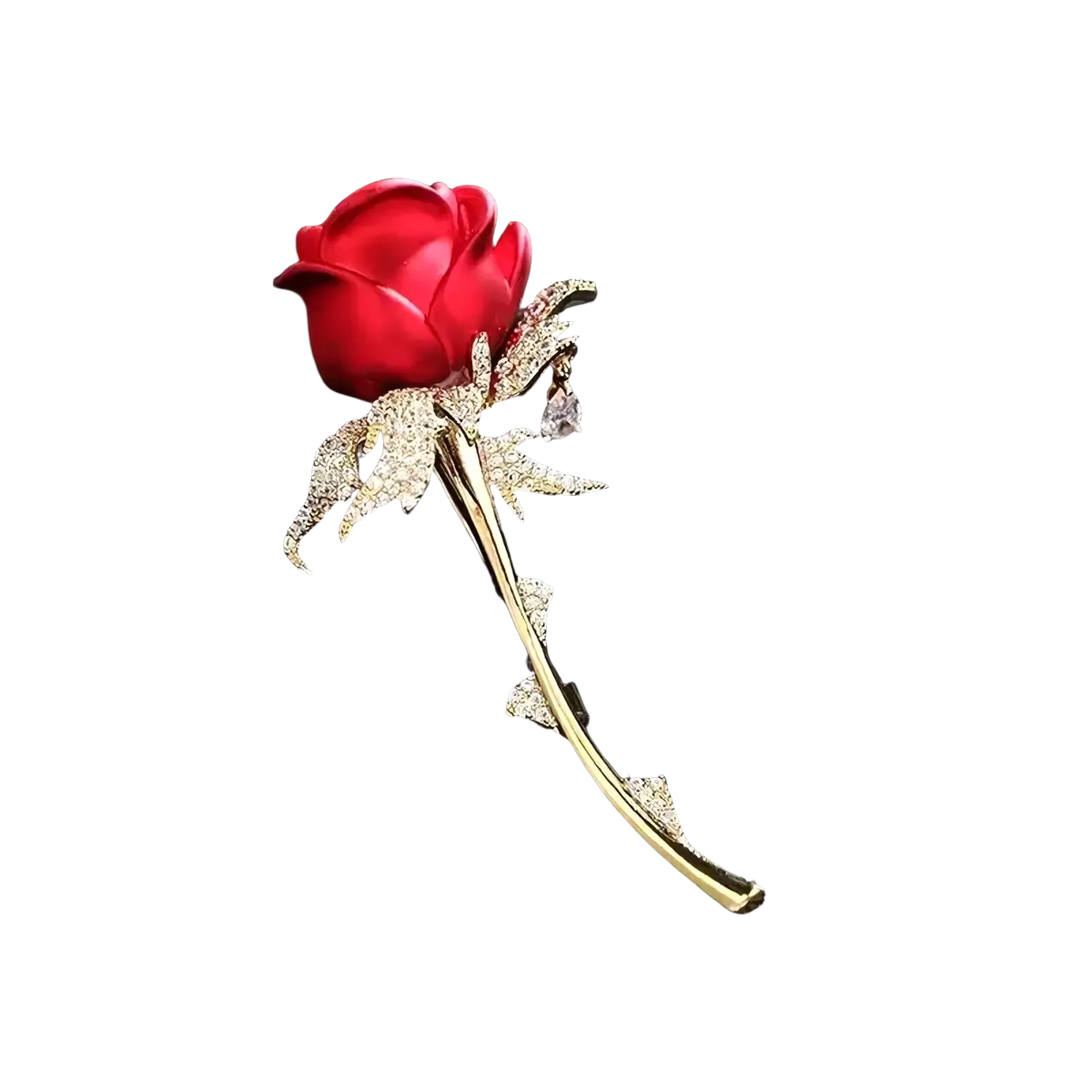 A sparkling red zircon rose brooch with gold-toned stem and clear crystal-adorned leaves