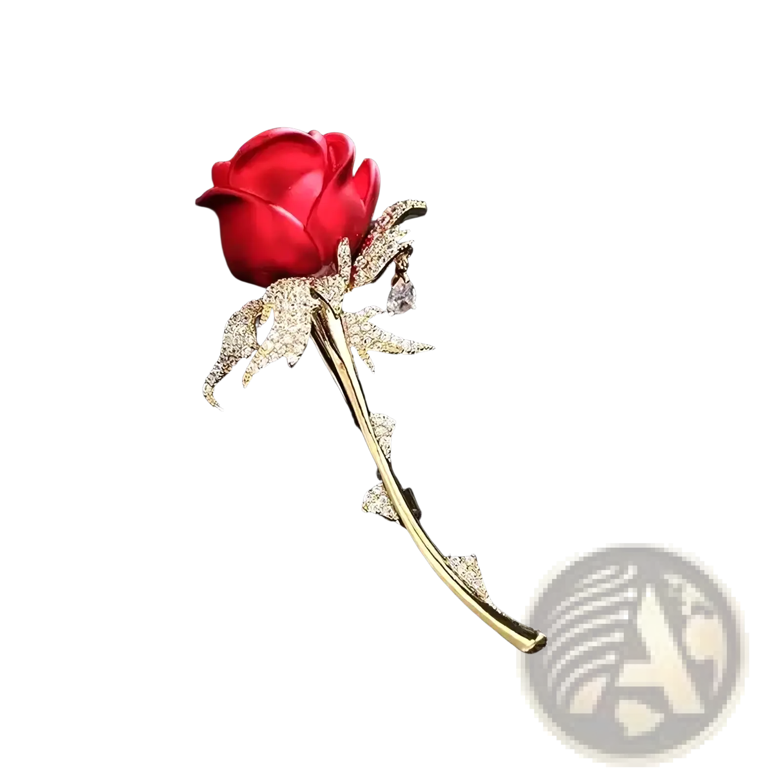 A sparkling red zircon rose brooch with gold-toned stem and clear crystal-adorned leaves