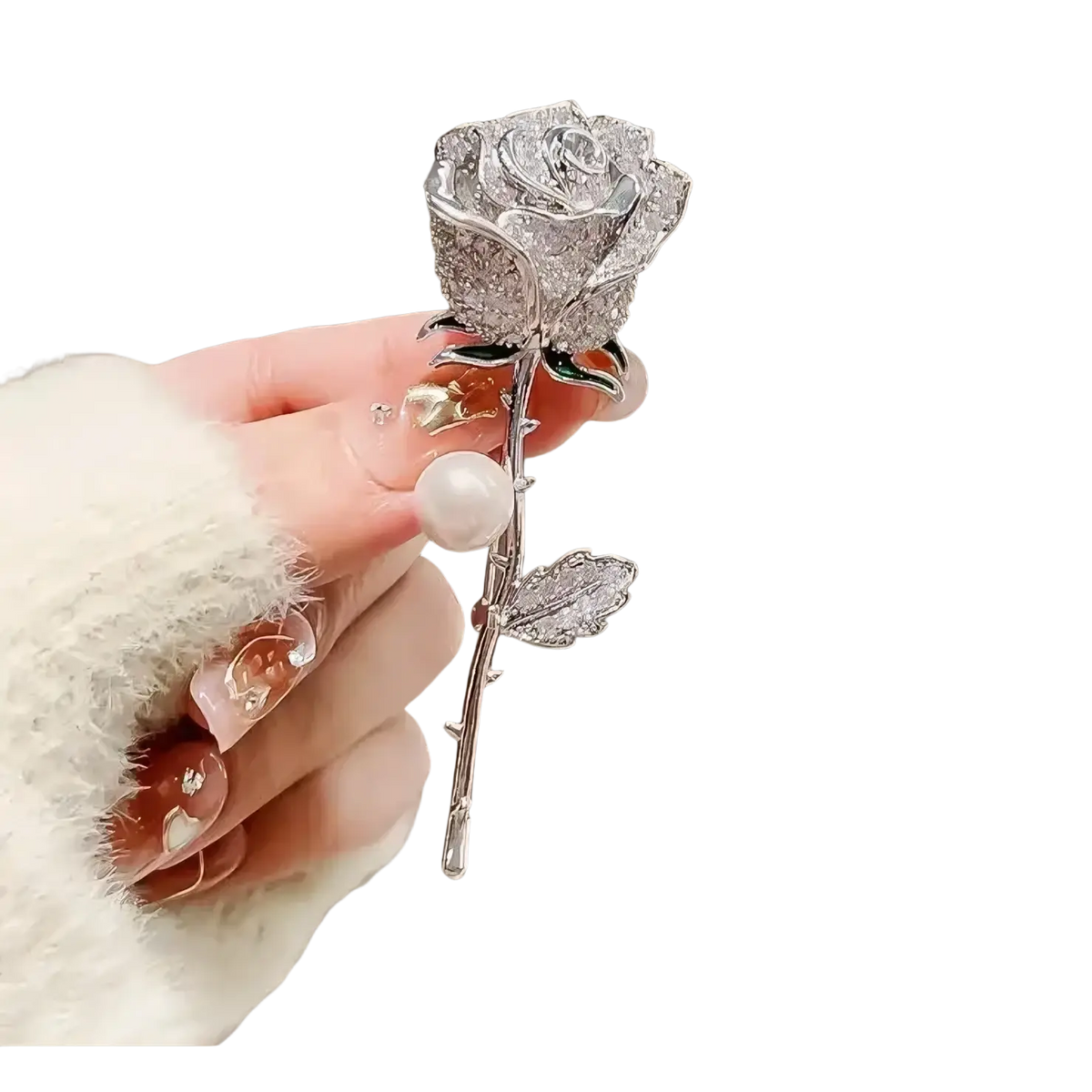 A sparkling silver rose brooch with crystals and a pearl accent in a zircon rose gold crystal flower pin design
