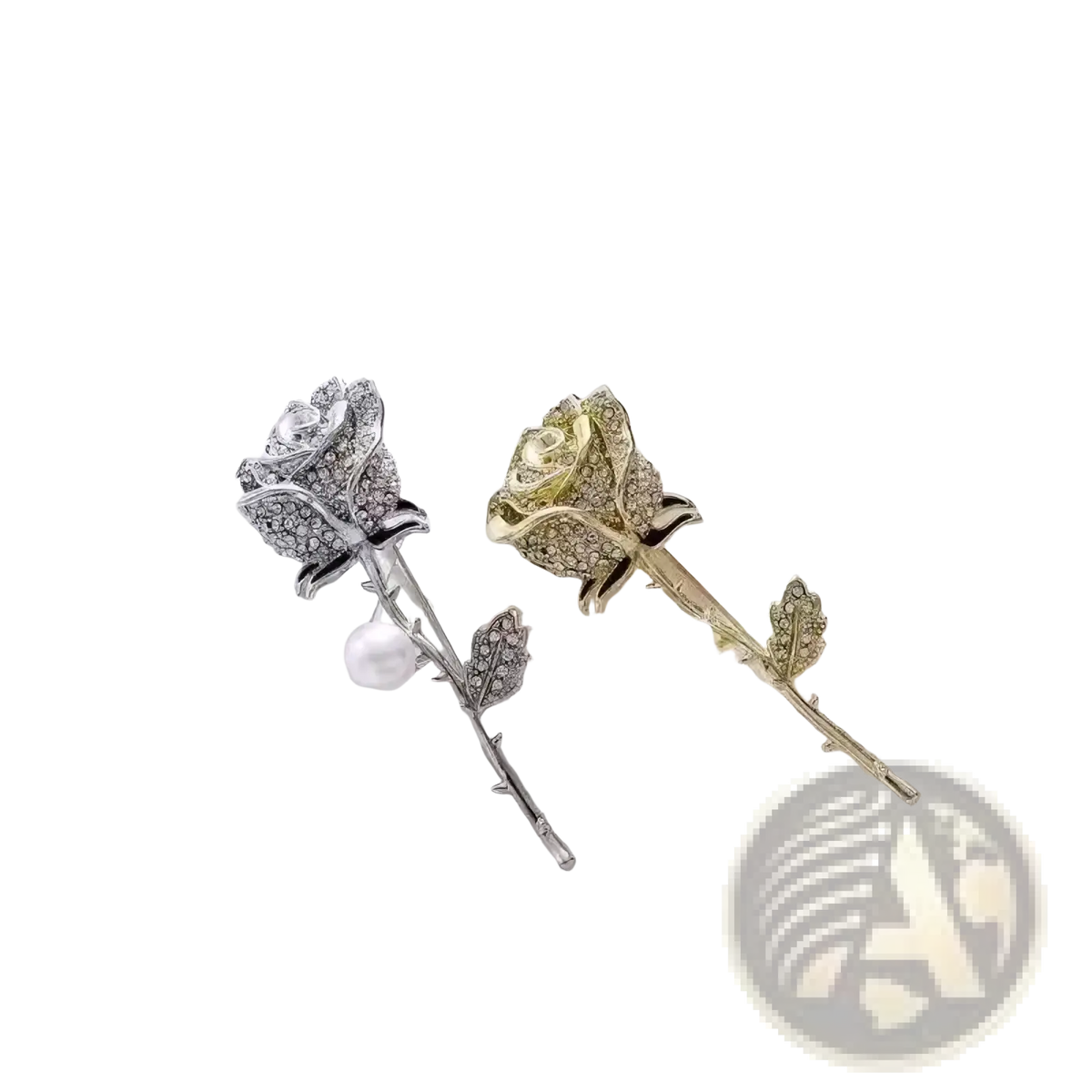 Two rhinestone-encrusted silver and gold-toned zircon rose brooches each adorned with a pearl near the stem