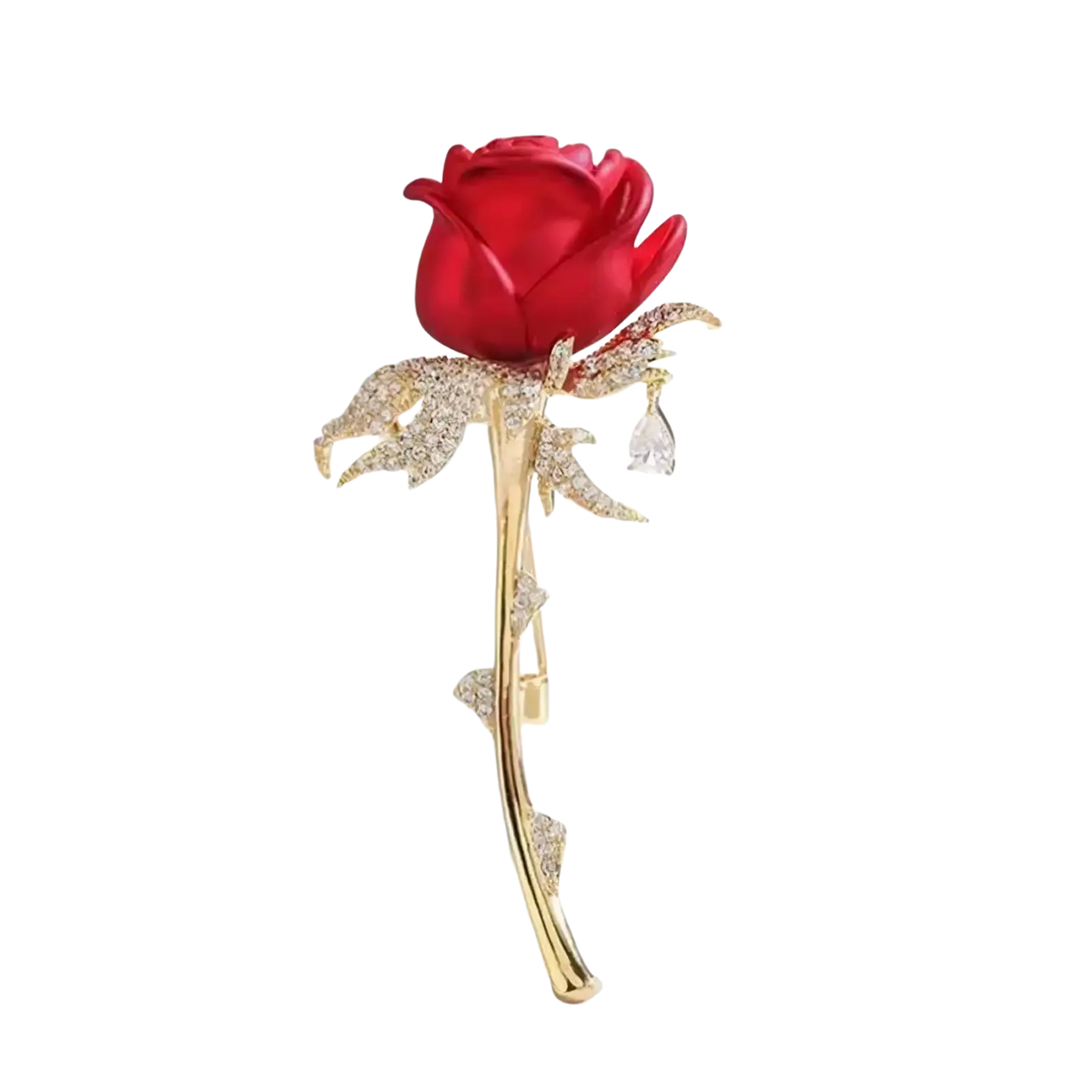 A vibrant red zircon rose brooch with gold-toned stem and sparkling crystal leaves featuring a teardrop crystal