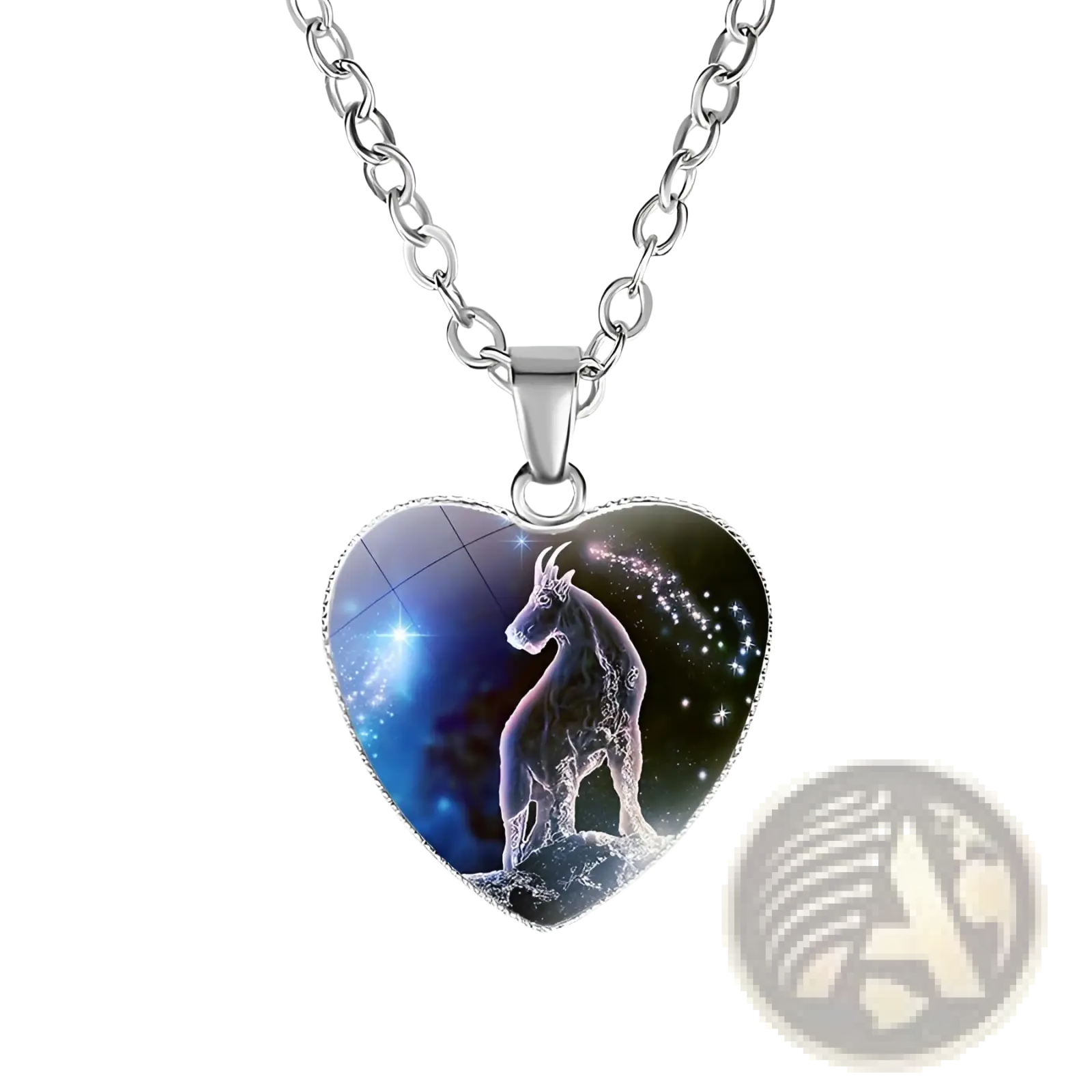 Silver heart-shaped pendant necklace featuring a detailed Capricorn zodiac design on a cosmic blue starry background