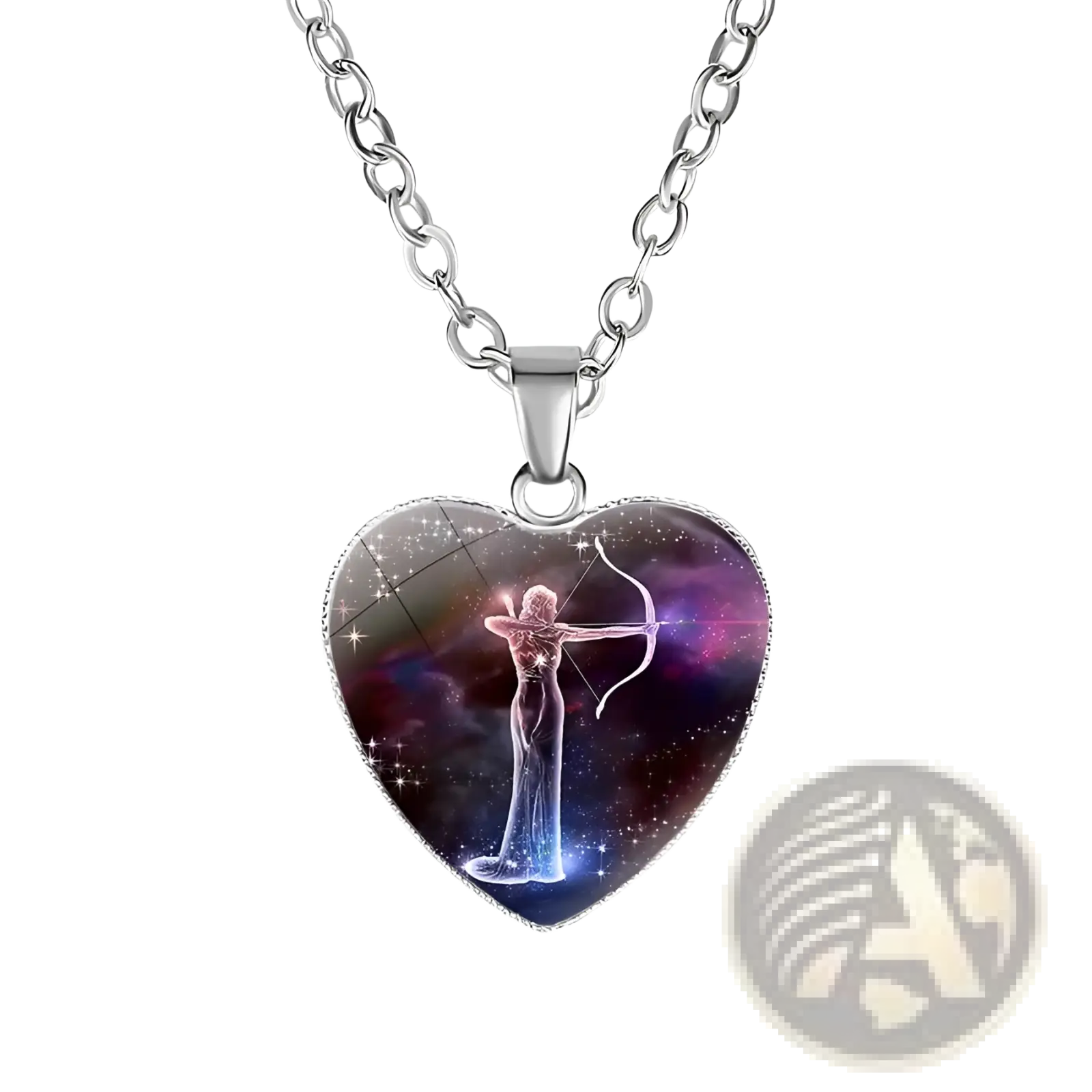 Heart-shaped silver pendant necklace featuring a Sagittarius zodiac illustration against a cosmic background