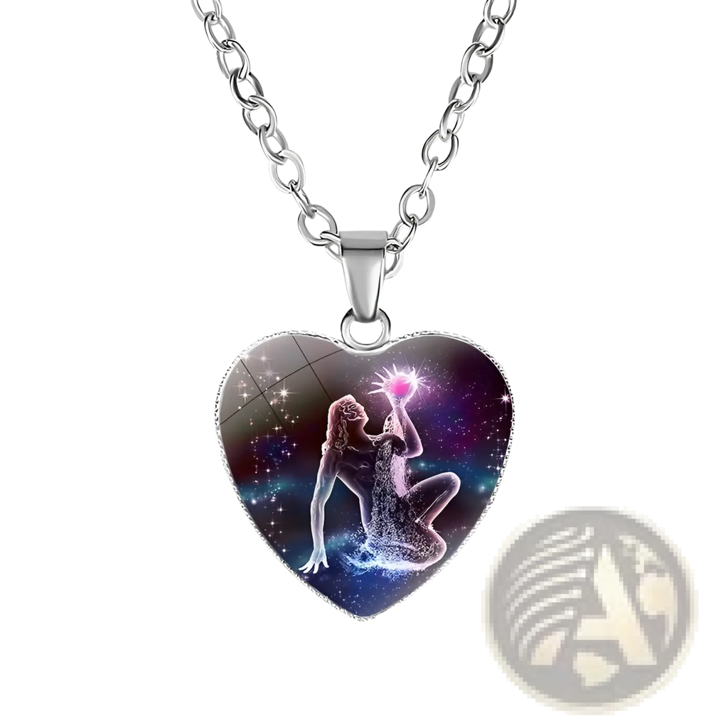 Zodiac celestial heart pendant necklace with silver-toned chain and glossy cosmic-themed charm featuring glowing orb