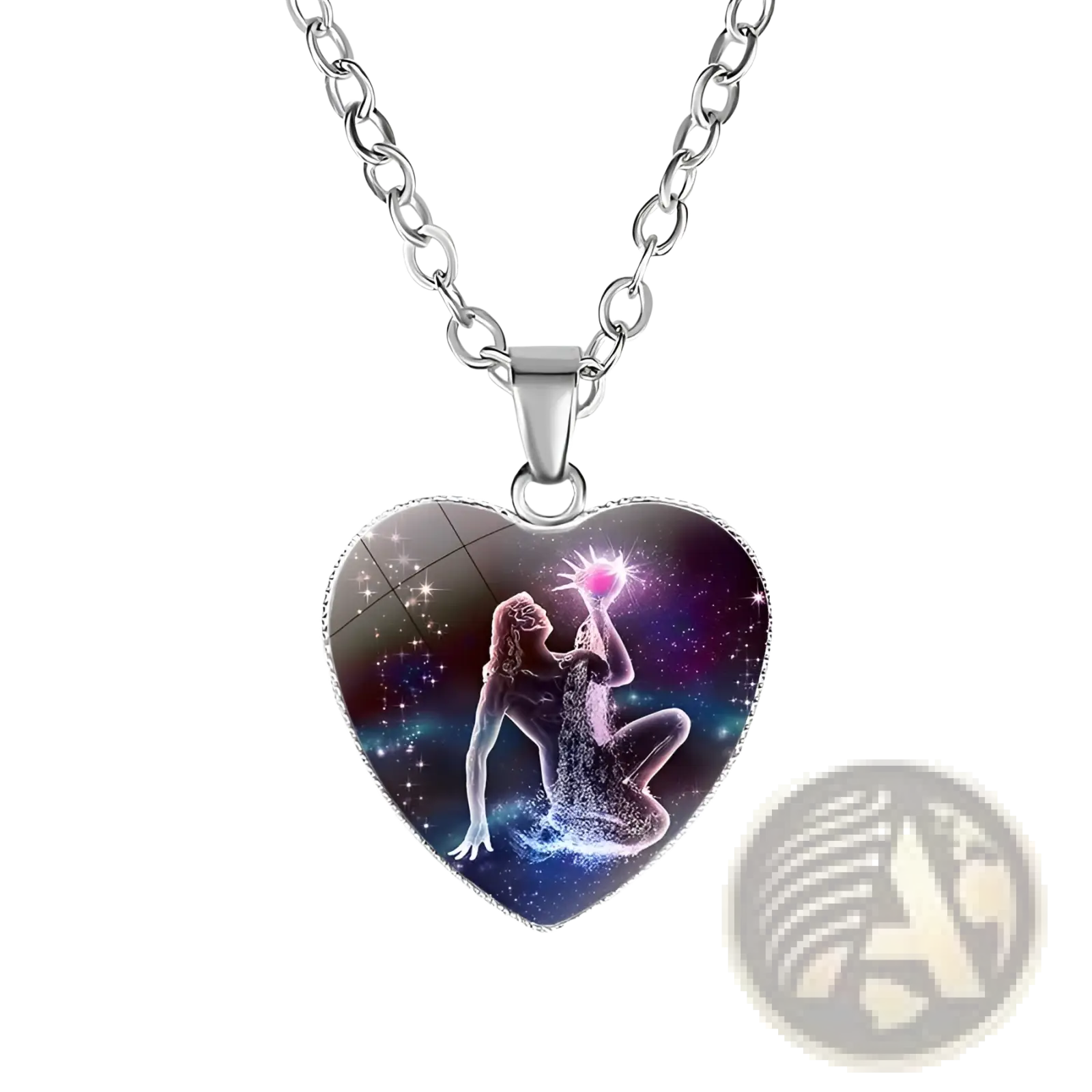 Zodiac celestial heart pendant necklace with silver-toned chain and glossy cosmic-themed charm featuring glowing orb