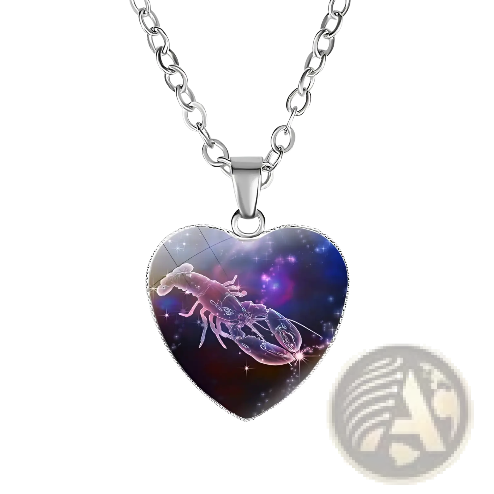 Heart-shaped zodiac celestial pendant necklace with silver chain and glossy scorpio charm on purple blue nebula background