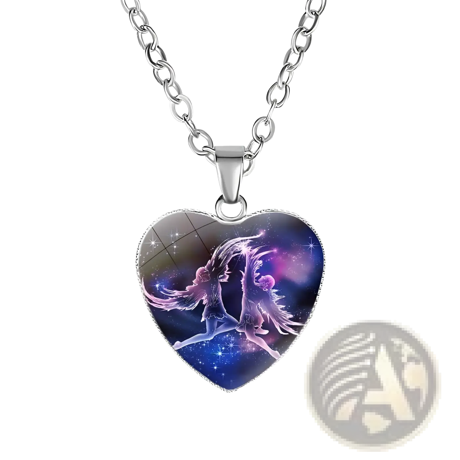 Silver heart-shaped pendant necklace with cosmic design featuring two winged figures on starry purple and blue galaxy background