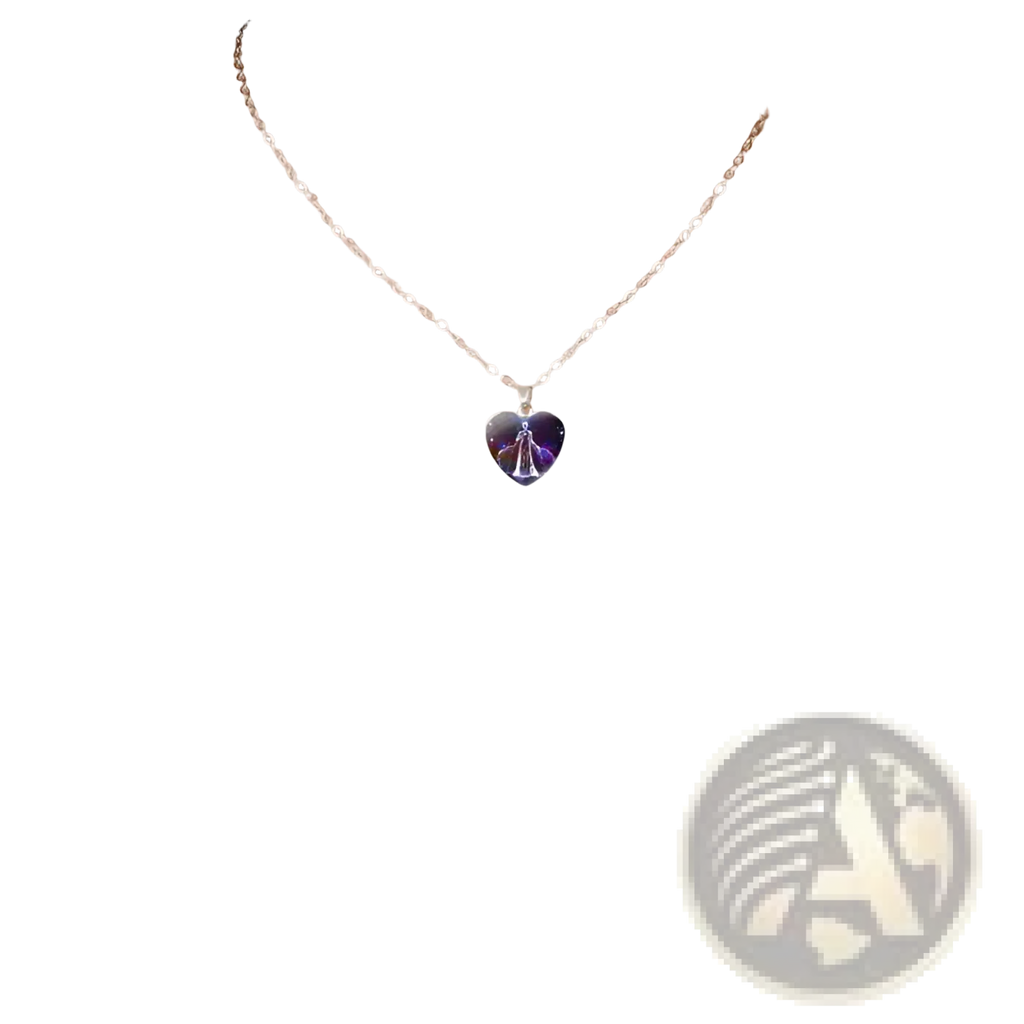 A delicate silver chain necklace with a heart-shaped angel pendant made of sparkling purple crystal