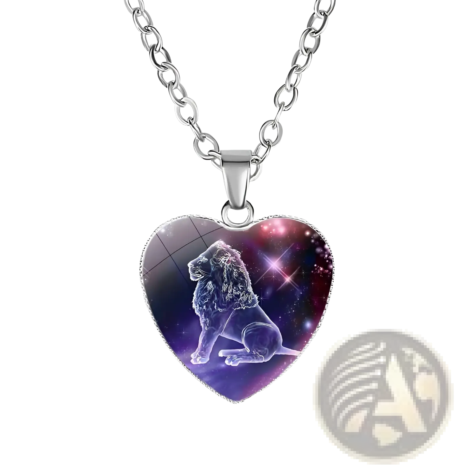 Zodiac celestial heart pendant necklace with silver-toned lion constellation design on purple pink starry background