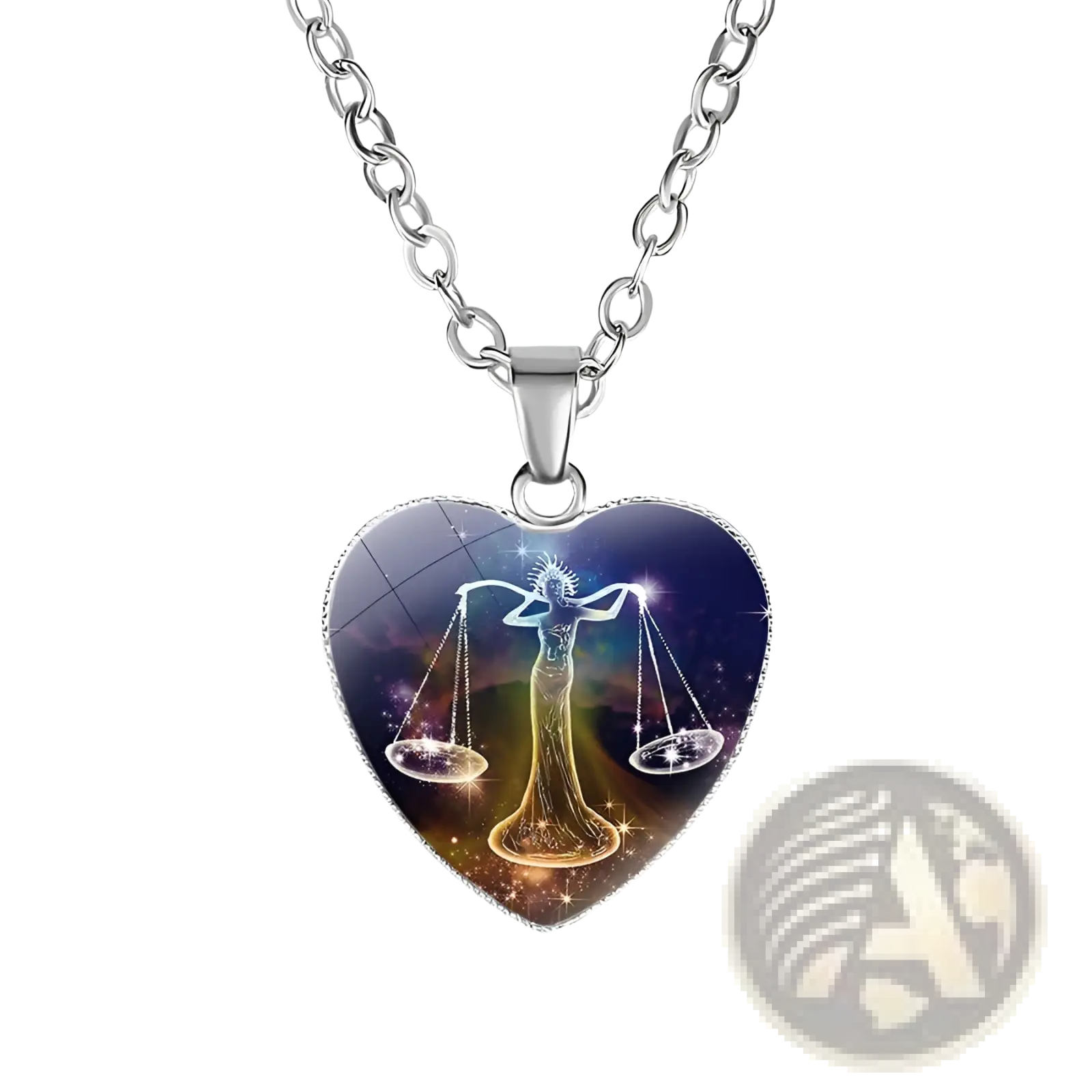 Heart-shaped zodiac celestial pendant necklace with silver chain and glossy libra charm on cosmic starry background