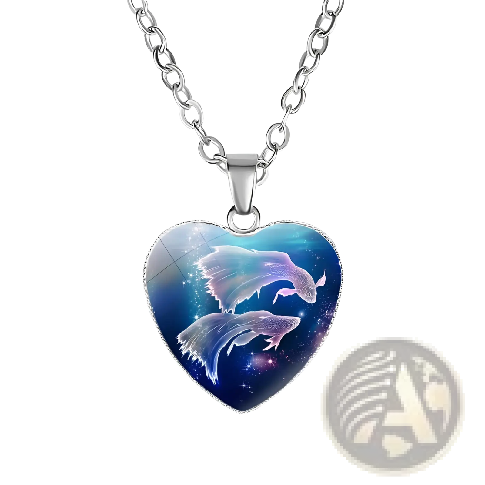 Silver heart-shaped pendant necklace featuring a cosmic two fish design on a deep blue and purple starry background