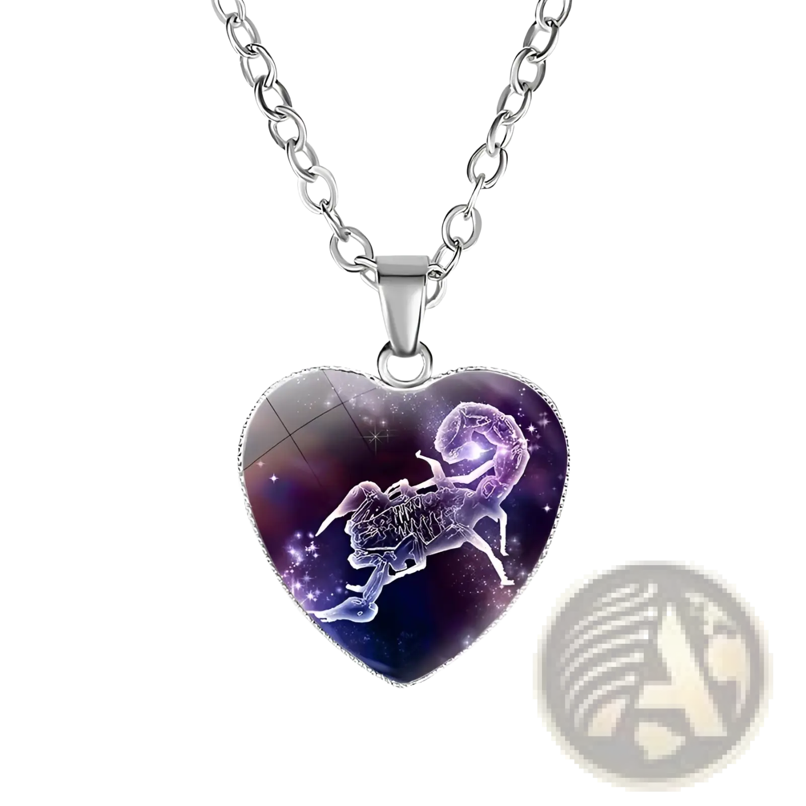 Zodiac celestial heart pendant necklace with silver chain and purple galaxy glass charm featuring scorpio constellation